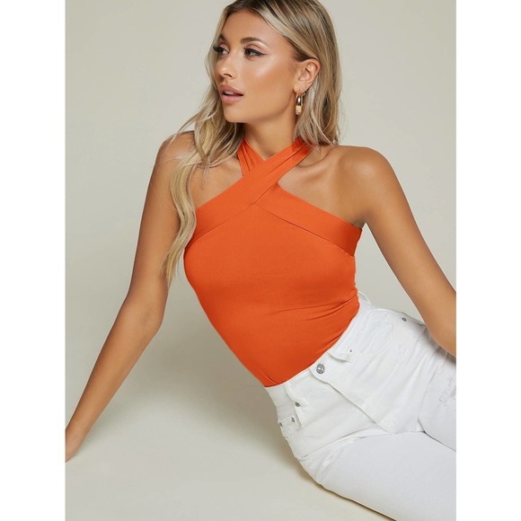 Y2K Fitted Crisscross Halter Tank Top orange - Picture 1 of 11